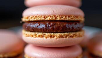close up view of double layered macarons with chocolate cream and hazelnut filling between two shells. photo