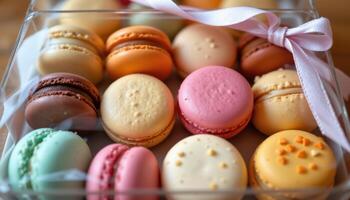close up view of neatly packed assorted macarons in a transparent box tied with ribbon. photo