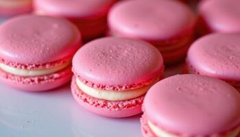 close up view of bubblegum pink macarons with glossy tops and extra thick filling. photo