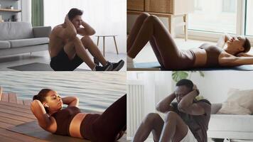 Four individuals from diverse backgrounds participate in various fitness activities focused on core strength and conditioning. Each person showcases athleticism in unique indoor and outdoor settings. video
