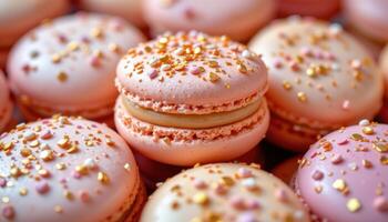 close up view of pale pink and champagne macarons sprinkled with edible glitter. photo