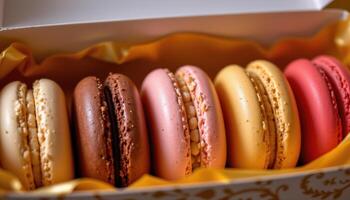 close up view of assorted macarons lined up in a decorative gift box with gold foil wrapping and soft shadows. photo