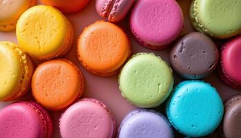 close up view of gradient colored macarons laid in a circle to create a color wheel effect. photo