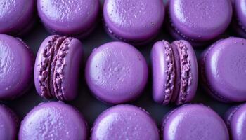 close up view of shiny purple macarons arranged in an infinity loop pattern. photo