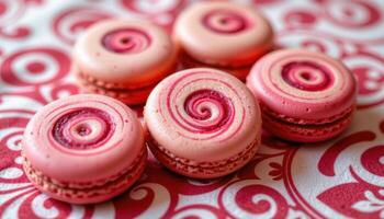 close up view of raspberry swirl macarons set on a swirled patterned fabric. photo