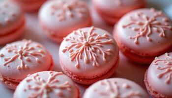 close up view of lacy piped decorations on the surface of pale pink macarons for elegance. photo
