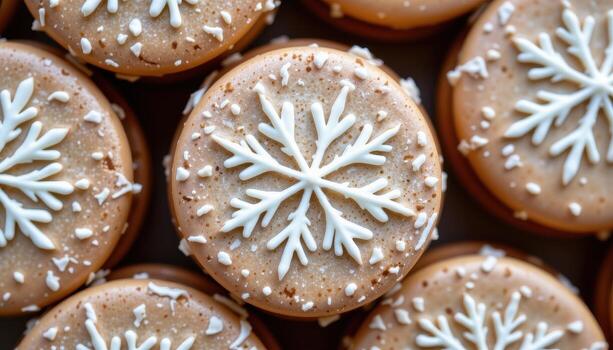 close up view of gingerbread macarons decorated with tiny snowflake patterns in white icing. photo