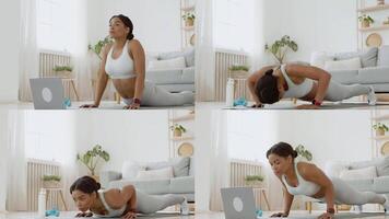 African American lady performs various workout exercises indoors, showcasing a commitment to fitness and well-being amidst a bright and modern living space. video