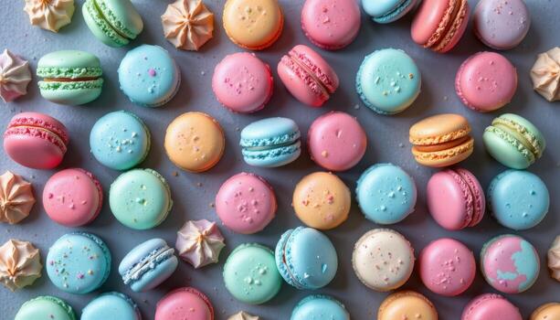 close up view of monochromatic macarons placed in a geometric grid on a cool grey surface. photo