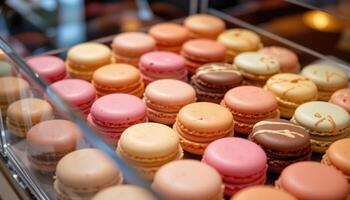 close up view of macarons arranged in rows inside a transparent acrylic display box with minimalist elegance. photo