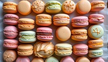 close up view of symmetrical rows of macarons arranged in pastel gradient on white parchment. photo
