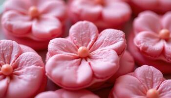 close up view of cherry blossom inspired macarons shaped like delicate petals in soft pink. photo