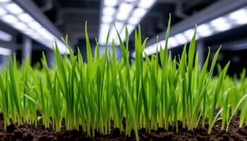 close up view of wheatgrass blades standing upright in rich soil under grow lights. photo