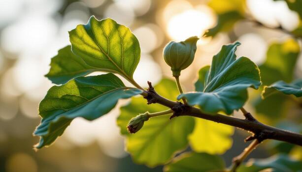 close up view of new leaves unfurling from a fig tree branch under golden light. photo