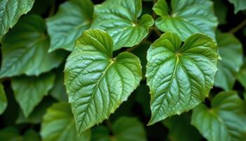 close up view of ivy leaves with bold veins spreading out from a central point on each leaf. photo