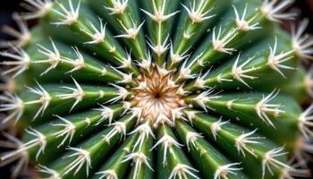 close up view of a cactus pad with symmetrical white spines arranged in a radial pattern. photo