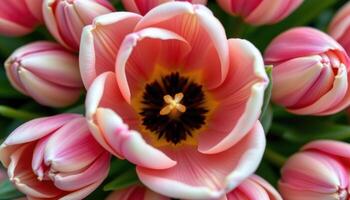 close up view of unopened tulip buds with smooth petals tightly wrapped around the flower core. photo