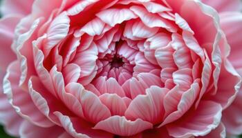 close up view of a peony blossom in full bloom with dozens of overlapping ruffled petals. photo