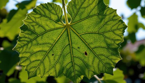 close up view of fig leaves backlit by the sun, showcasing intricate vein structures. photo