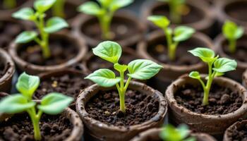 close up view of young sunflower seedlings growing in biodegradable pots. photo
