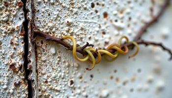close up view of twisting tendrils of a climbing vine grasping a weathered surface. photo
