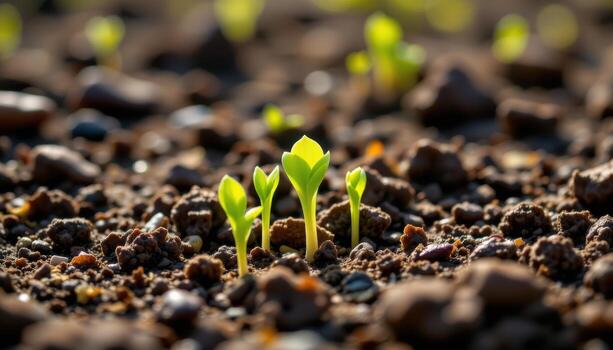 close up view of tiny sprouts breaking through soil in early spring sunlight. photo