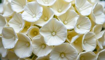 close up view of white hydrangea petals overlapping in delicate circular patterns. photo