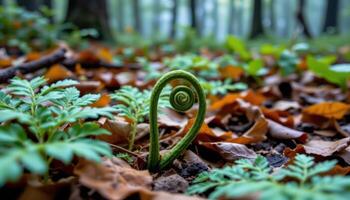 close up view of a curled fern frond slowly unfurling amidst a misty forest floor covered in damp leaves. photo