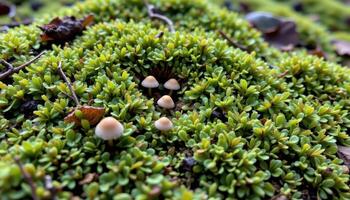 close up view of densely packed moss with small mushrooms sprouting through the carpet. photo