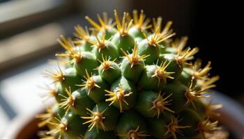 close up view of a cactus under harsh light showing dramatic shadows and tiny spines. photo