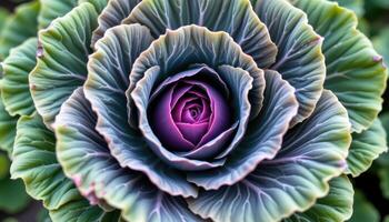 close up view of an ornamental cabbage plant with concentric leaf layers in green and purple. photo