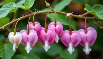 close up view of bleeding heart flowers arranged in an elegant row along a vine. photo