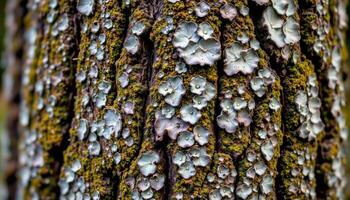 close up view of a mossy tree trunk with lichen patterns forming abstract textures across the bark. photo