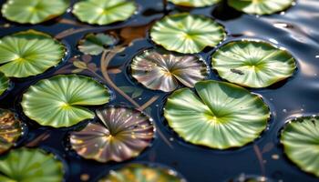 close up view of lily pads floating calmly on a pond surface with soft ripples and scattered pollen. photo