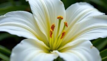 close up view of a single white lily in bloom with its petals curling elegantly outward. photo