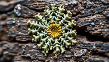 close up view of lichen growing in radial patterns on an old piece of driftwood in moist air. photo