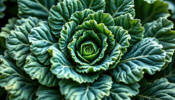 close up view of tightly packed kale leaves with deep green color and curly edges creating shadow play. photo