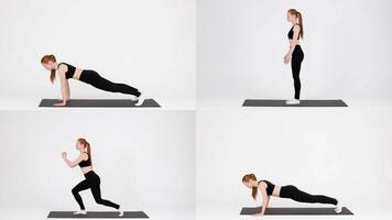 A fitness enthusiast performs various workout exercises, including push-ups and lunges, highlighting strength and agility in a bright, clean environment designed for training. video