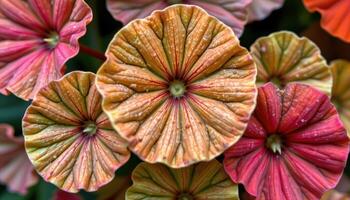 close up view of nasturtium leaves with circular shapes and radial vein symmetry. photo