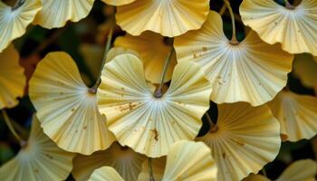 close up view of ginkgo leaves arranged like fans with unique bilobed shapes and yellow tones. photo