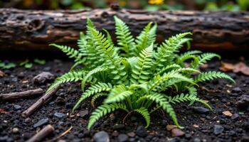 close up view of ground ferns growing in rich black soil near a fallen log. photo