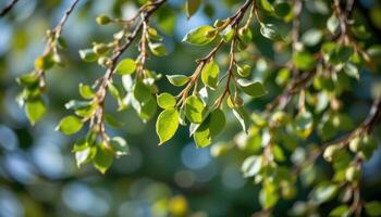 close up view of eucalyptus leaves hanging from thin branches, gently swaying with subtle shadows. photo