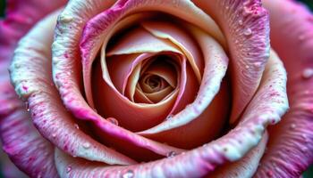 close up view of curled rose petals with slight color gradients and dewdrops on the edges. photo