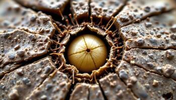 close up view of a cracked open seed revealing the first signs of new life within its core. photo