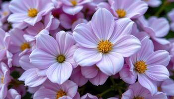 close up view of pale lavender petals layered softly over each other in a blooming flowerbed. photo