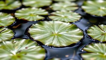 close up view of lily pad surfaces reflecting subtle ripples on a quiet pond. photo