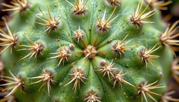 close up view of cactus spines arranged in symmetrical rows across a plump green surface. photo