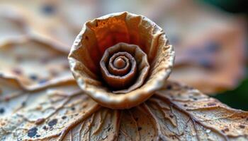 close up view of a curled up dried leaf showing its inner textures and age lines. photo