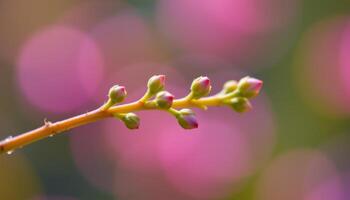 close up view of tiny buds appearing along a delicate stem, illuminated by soft natural light. photo