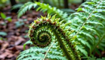 close up view of fern fronds curled inward, ready to unfold in the damp air of a shaded forest. photo